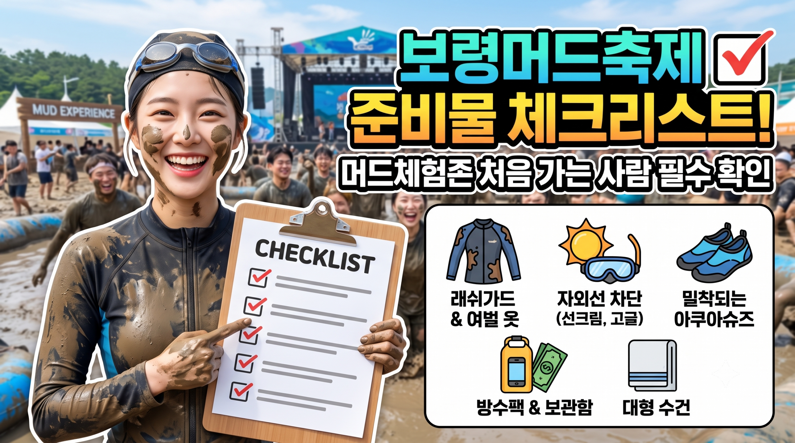 보령머드축제 아쿠아슈즈 준비 보령머드축제 방수팩 사용 모습 보령머드축제 샤워장 이용 준비물